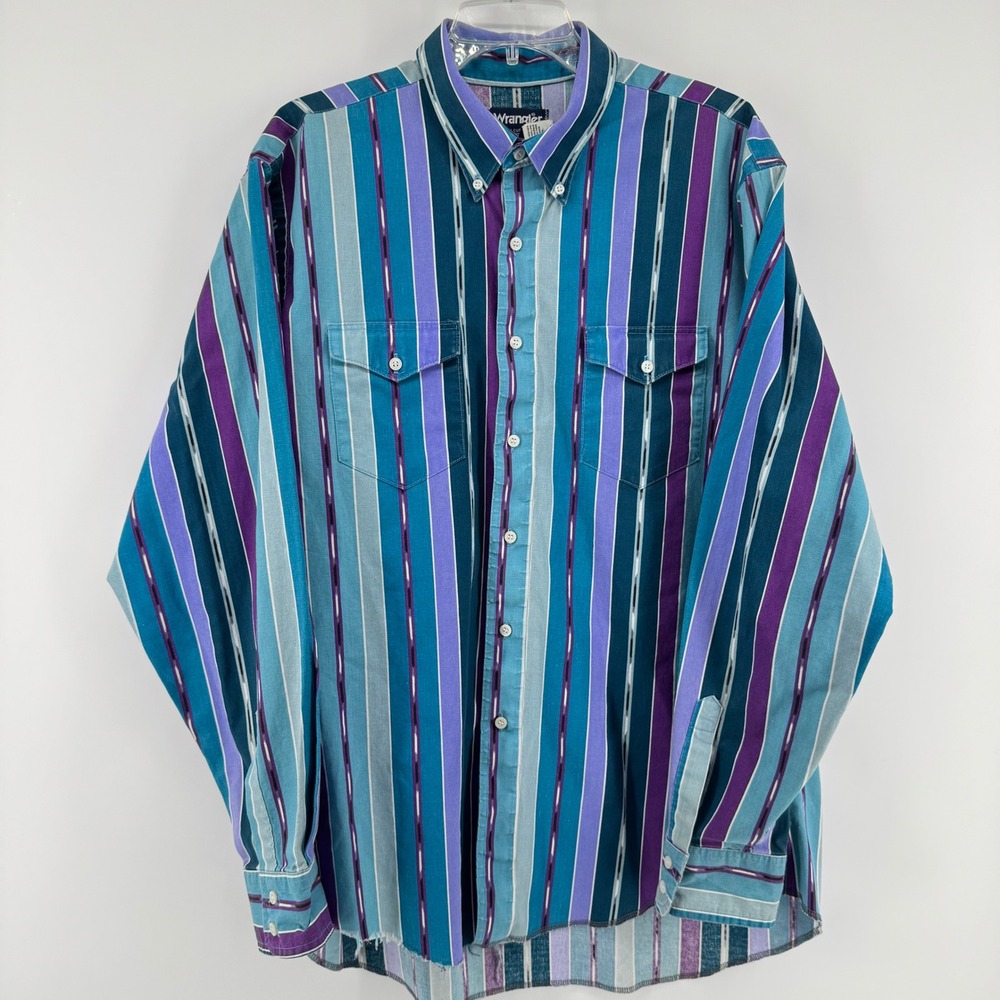 Wrangler Western Brushpopper Shirt Mens 17.5 Teal Purple Striped Cowboy Cut - Picture 2 of 10